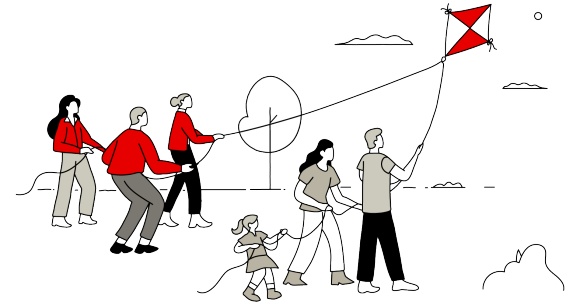 Team helping family with kite