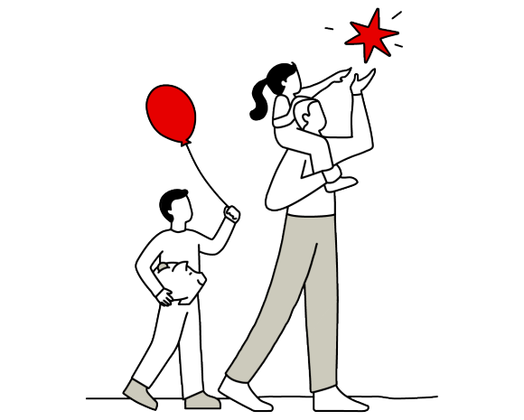 Illustration a young boy with a balloon and father with daughter on his shoulders