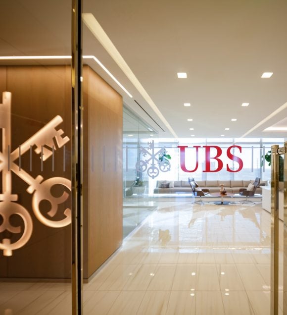 Glass door leading to a foyer at UBS building