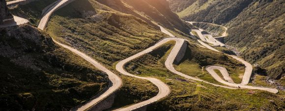 Winding road in mountain valley.